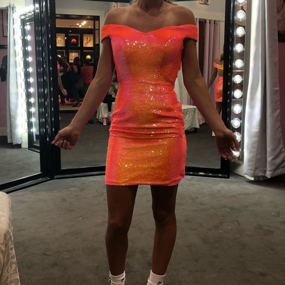 Neon Orange Sequin Off-Shoulder Dress